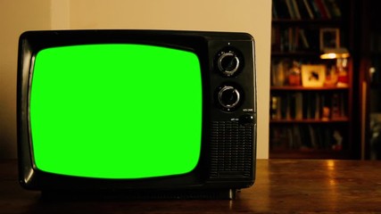 Wall Mural - retro 70s tv set green screen in living room. zoom in. you can replace green screen with the footage