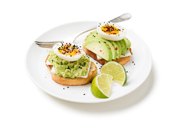 Sandwich with avocado and boiled egg. Healthy breakfast. isolated on white background