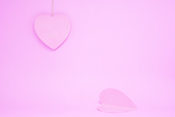 Wall Mural - Couple ( 2 ) Pink Heart -  Pink Heart Paper Object on Pink Background - Valentine Day - Lover Concept  with Copy space - Hanging and Drop down                        