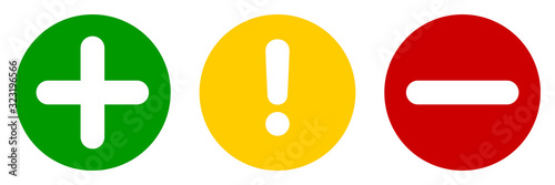 Fotografía Set of flat round plus sign, exclamation point and minus sign icons, buttons isolated on a white background