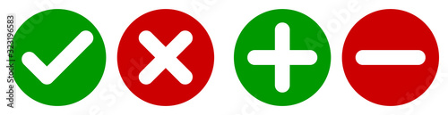 Fotografía Set of flat round check mark, X mark, plus sign and minus sign icons, buttons isolated on a white background