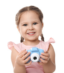 Poster - Little photographer with toy camera on white background