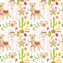 Composition With Alpaca And Cacti. Flowers And Plants. Vector Graphics