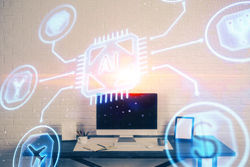 double exposure of desktop computer and technology theme hologram. concept of software development.