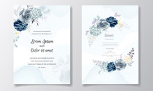 Navy Blue Floral Wedding Invitation Card Template With Golden Leaves And Watercolor Frame