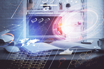 technology theme drawing and table with computer. multi exposure. concept of information.