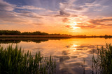 Fototapeta Zachód słońca - Scenic view of beautiful sunset or sunrise above the pond or lake at spring or early summer evening with cloudy sky background and reed grass at foreground. Landscape. Water reflection.