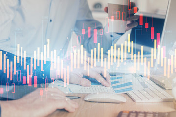 Aufkleber - Multi exposure of chart with man typing on computer in office on background. Concept of hard work.