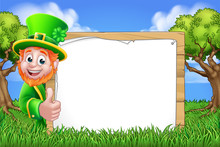 A St Patricks Day Leprechaun Cartoon Character Peeking Around A Sign And Giving A Thumbs Up In A Woodland Or Park Scene