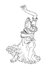 Poster - Black macaque is dancing coloring page. Funny outline clipart illustration. Monkey and apes pirates coloring sheet.	