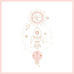 Wall Mural - Set of mystical and mysterious illustrations in hand drawn style.  Minimalistic objects made in the style.  boho style signs and symbols. outer space, moon, sun system. vector.