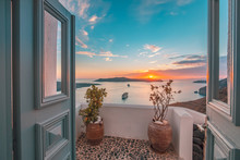 Amazing Evening View Of Santorini Island. Picturesque Spring Sunset On The Famous Greek Resort Fira, Greece, Europe. Traveling Concept Background. Artistic Style Post Processed Photo. Summer Vacation