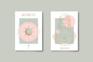 Wall Mural - Set of mystical and mysterious illustrations in hand drawn style.  Minimalistic objects made in the style.  boho style signs and symbols. outer space, moon, sun system. vector.
