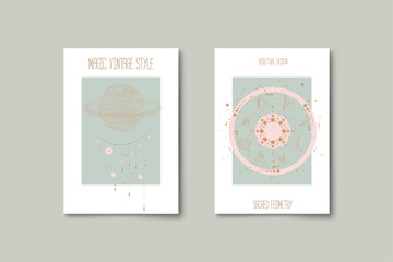 Wall Mural - Set of mystical and mysterious illustrations in hand drawn style.  Minimalistic objects made in the style.  boho style signs and symbols. outer space, moon, sun system. vector.