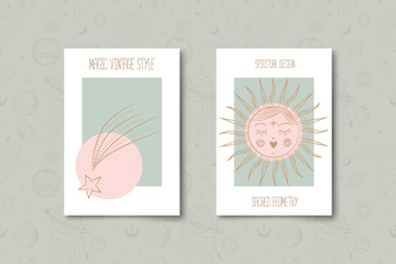 Wall Mural - Set of mystical and mysterious illustrations in hand drawn style.  Minimalistic objects made in the style.  boho style signs and symbols. outer space, moon, sun system. vector.