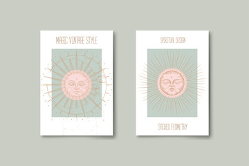 Wall Mural - Set of mystical and mysterious illustrations in hand drawn style.  Minimalistic objects made in the style.  boho style signs and symbols. outer space, moon, sun system. vector.
