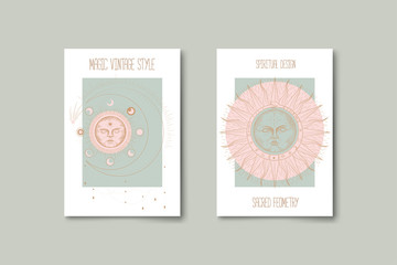 Wall Mural - Set of mystical and mysterious illustrations in hand drawn style.  Minimalistic objects made in the style.  boho style signs and symbols. outer space, moon, sun system. vector.