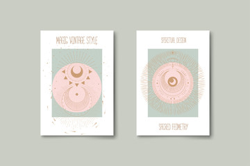 Wall Mural - Set of mystical and mysterious illustrations in hand drawn style.  Minimalistic objects made in the style.  boho style signs and symbols. outer space, moon, sun system. vector.