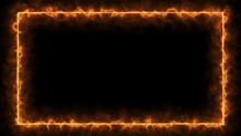 Empty Frame With Fire Border Glowing, Burning Flame Signboard. Blank Rectangle Sign Fire Flames Around Frame Lights. The Best Stock Of Photo Image Signboard Orange Fire Burning On Black Background