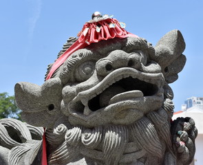 Sticker - Head of a guardian lion statue outside a Chinese temple in Penang, Malaysia