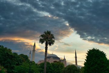 Park in Istanbul with Mosque at sunset