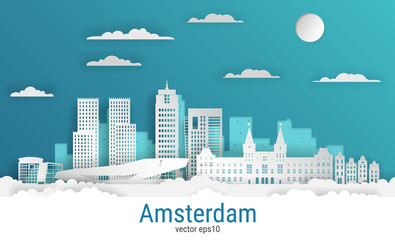 Wall Mural - Paper cut style Amsterdam city, white color paper, vector stock illustration. Cityscape with all famous buildings. Skyline Amsterdam city composition for design.