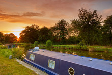 Image Of Sunset At Saint Domineuc, With A Narrow Boat In The Foreground In The Canal D'ille Et Rance. Brittany, France.