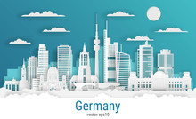 Paper Cut Style Germany, White Color Paper, Vector Stock Illustration. Cityscape With All Famous Buildings. Skyline Germany Composition For Design.