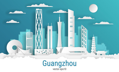 Canvas Print - Paper cut style Guangzhou city, white color paper, vector stock illustration. Cityscape with all famous buildings. Skyline Guangzhou city composition for design.