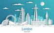 Paper cut style London city, white color paper, vector stock illustration. Cityscape with all famous buildings. Skyline London city composition for design.