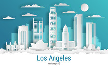 Paper Cut Style Los Angeles City, White Color Paper, Vector Stock Illustration. Cityscape With All Famous Buildings. Skyline Los Angeles City Composition For Design.