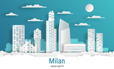 Canvas Print - Paper cut style Milan city, white color paper, vector stock illustration. Cityscape with all famous buildings. Skyline Milan city composition for design.