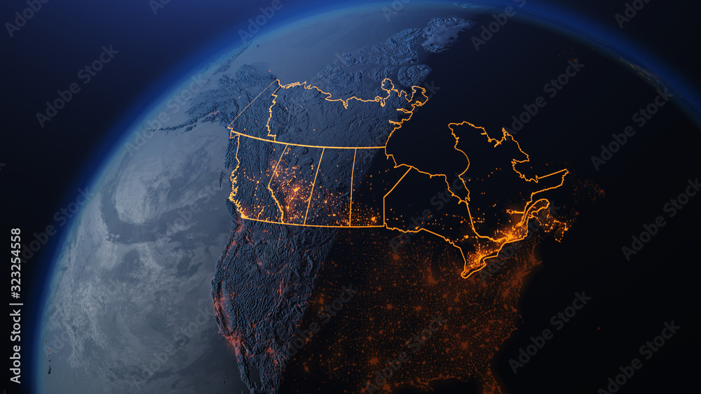3D illustration of Canada and North America from space at night with city lights showing human activity in United States - obrazy, fototapety, plakaty 