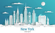 Paper cut style New York city, white color paper, vector stock illustration. Cityscape with all famous buildings. Skyline New York city composition for design.