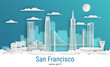 Paper cut style San Francisco city, white color paper, vector stock illustration. Cityscape with all famous buildings. Skyline San Francisco city composition for design.