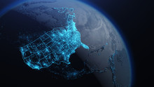 3D Illustration Of USA And North America From Space At Night With City Lights Showing Human Activity In United States