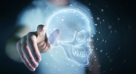 Leinwandbilder - Man using digital x-ray skull holographic scan projection 3D rendering