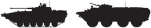Army Tank And Military Vehicle Vector Silhouettes Set 1, Infantry Combat Armored Fighting Vehicle (AFV) BMP, 8×8 Wheeled Amphibious Armored Personnel Carrier (APC) BTR, Soviet Designed Army Equipment 