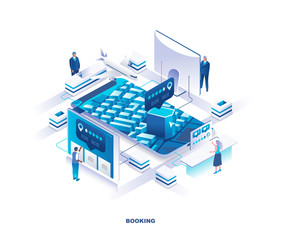 Aufkleber - Isometric landing page for online service for flight booking and search of accommodation. Concept with people standing around hotel building, aircraft and making reservation. Vector illustration.