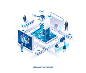 Aufkleber - Isometric landing page for internet store discounts or sales, digital retail, electronic shopping. Concept with tiny people buying good online using giant screens. Vector illustration for website.