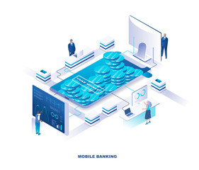 Aufkleber - Mobile banking isometric landing page. Concept of electronic service for money transfer, financial transaction with tiny people working around giant smartphone full of coins. Vector illustration.