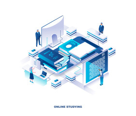 Aufkleber - Distant education, online learning, digital knowledge, internet course isometric landing page. Concept with tiny people or students around pile of giant books or textbooks. Modern vector illustration.