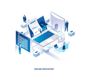 Aufkleber - Online education isometric landing page. Concept of obtaining university or college degree via internet with tiny people around giant laptop with graduation cap and certificate. Vector illustration.