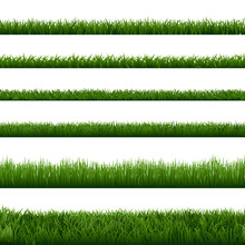 Realistic Grass Borders. Green Garden Herb Plant, Field Landscape Fresh Lawn Element, Lush Meadow Gardening Foliage Vector Isolated Seamless Border Set. Natural Floral Vegetation Summer, Spring Frames