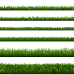 Realistic grass borders. Green garden herb plant, field landscape fresh lawn element, lush meadow gardening foliage vector isolated seamless border set. natural floral vegetation summer, spring frames