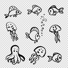 Cute Cartoon Doodle Fishes And Jellyfish Painted With Brush In Thick Paint Strokes Isolated On Imitation Transparent Background