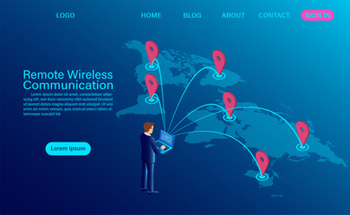 Banner world-class wireless remote communication concept. isometric flat design. Vector illustration.