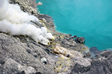 Kawah Ijen volcano and sulfur lake is composite volcanoes in the Banyuwangi Regency of East Java, Indonesia, Kawah ijen have Blue fire crater and Sulfur mining.