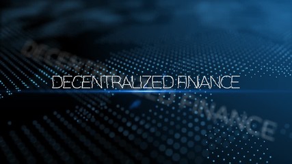 Poster - Decentralized Finance - DeFi. Modern intro text 3D animation with lens flare and depth of field focus blur