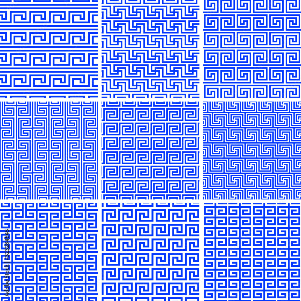 Vector set of ethnic greek seamless tiled patterns in blue and white ...